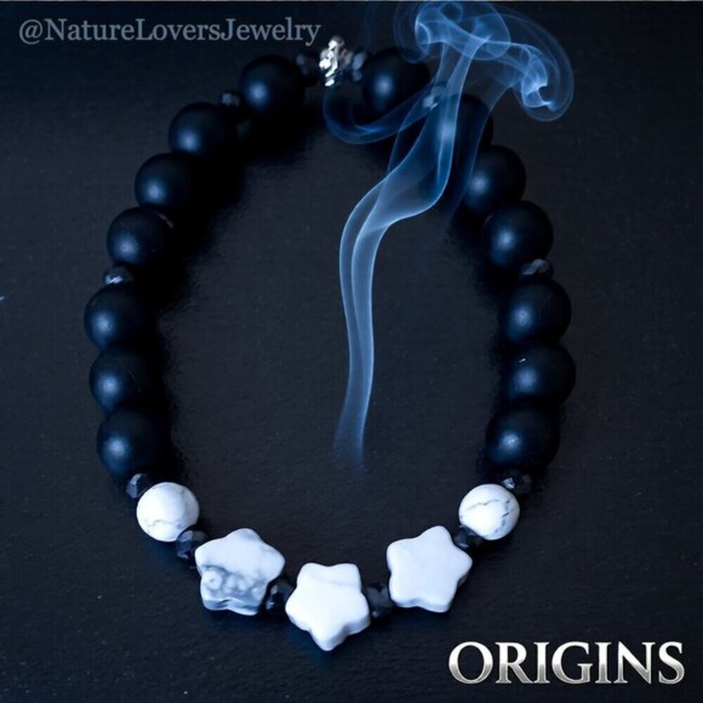 Black Stone + Gray Howlite Stars | Girl Teen Tomboy | Beaded Stretch Bracelet